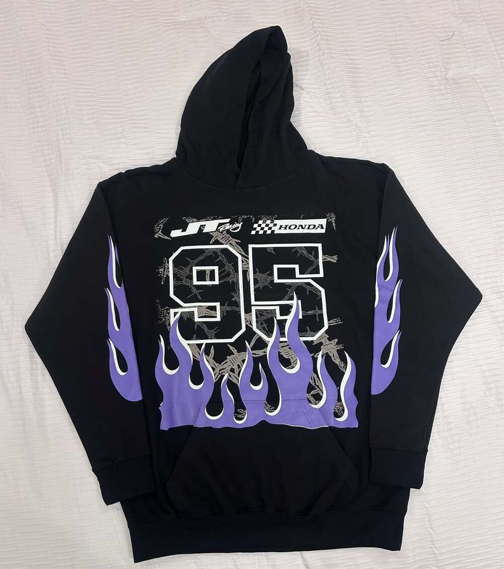 JT Racing Honda Hoodie Size L Black 95 Flame Graphic